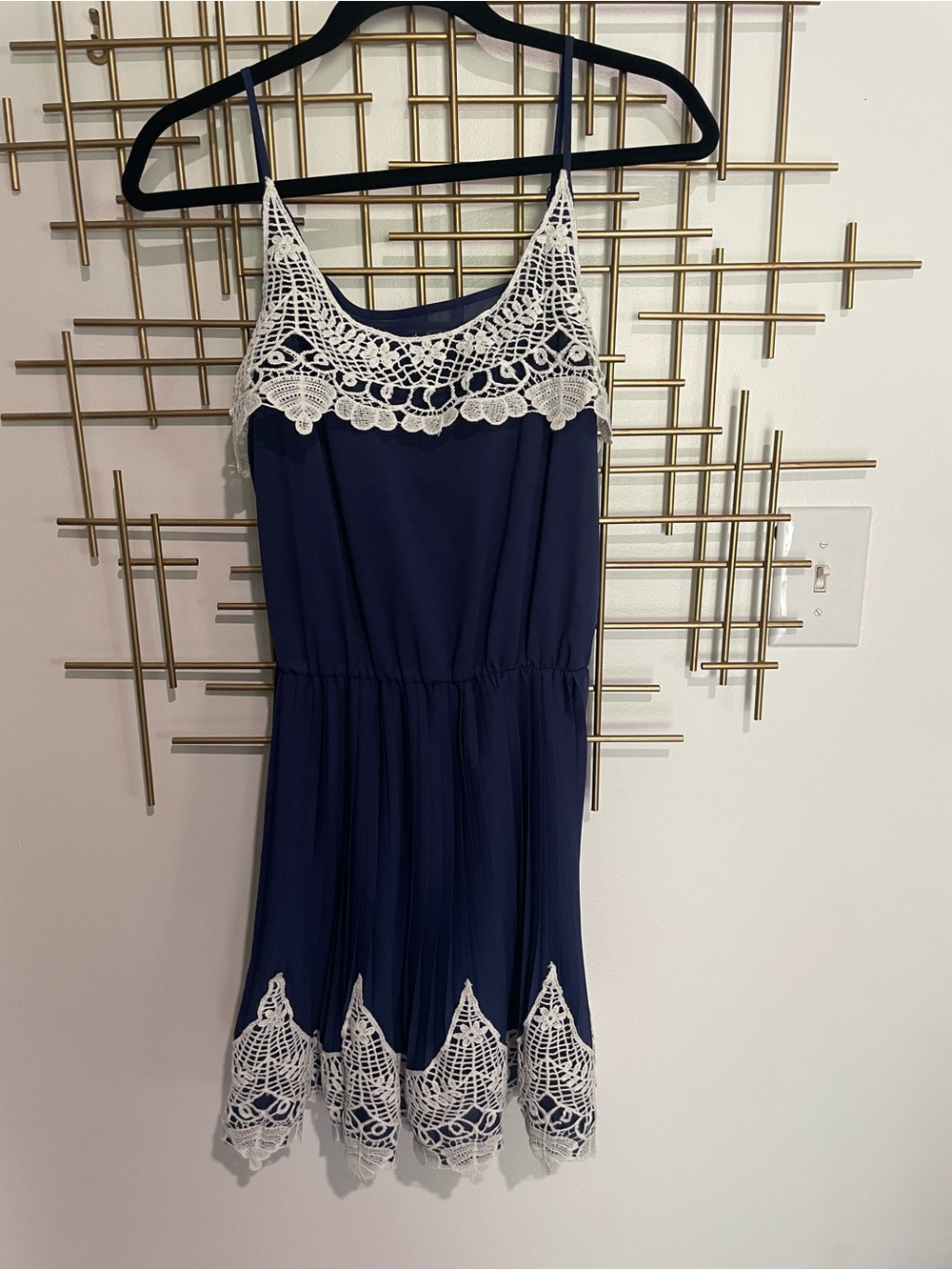 Navy Blue Spaghetti-Strap Dress with White Crochet Trim